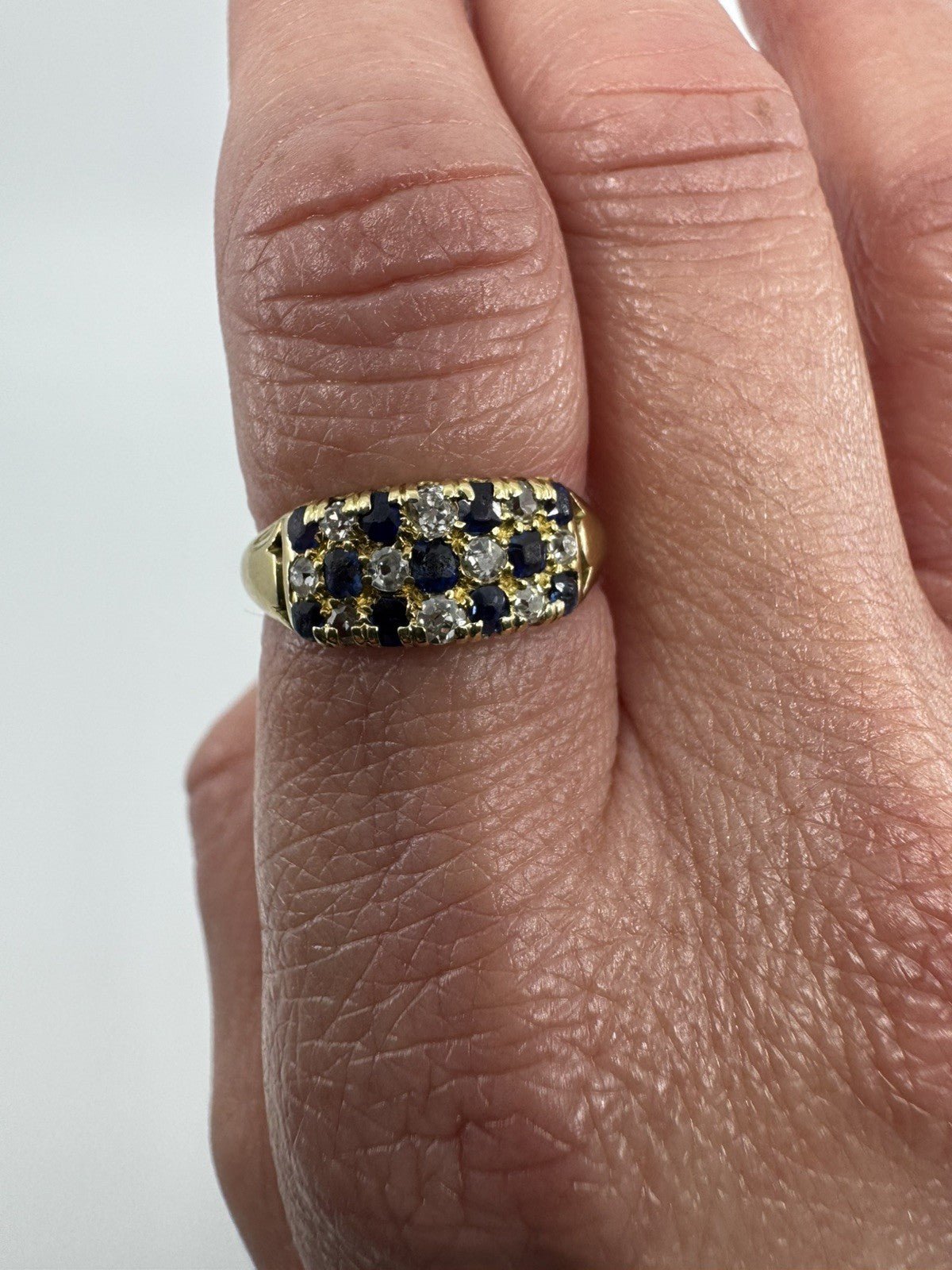Antique Art Deco 18ct Gold Sapphire & Old Cut Diamond Half Hoop Ring 750 Size P