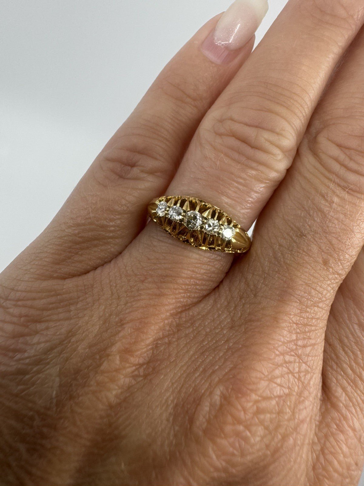 Antique 18ct Gold 0.32ct Diamond Boat Ring 750 Size N (Birm 1914)