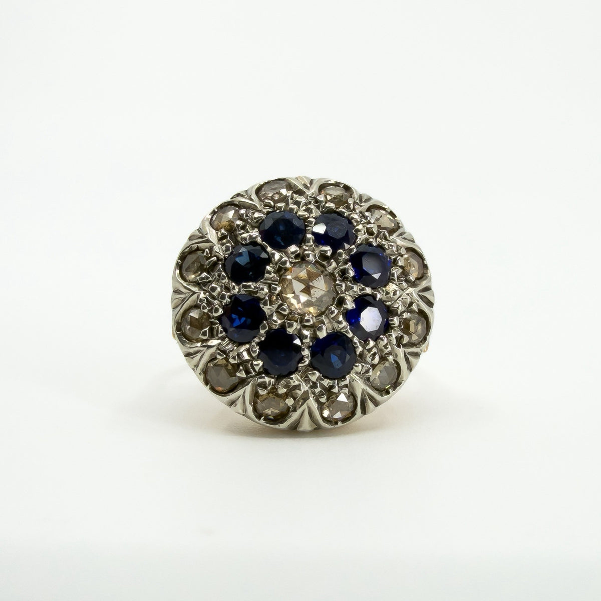 Antique Edwardian 14ct Gold Rose Cut Diamond & Sapphire Bombe Ring 585 Size O P