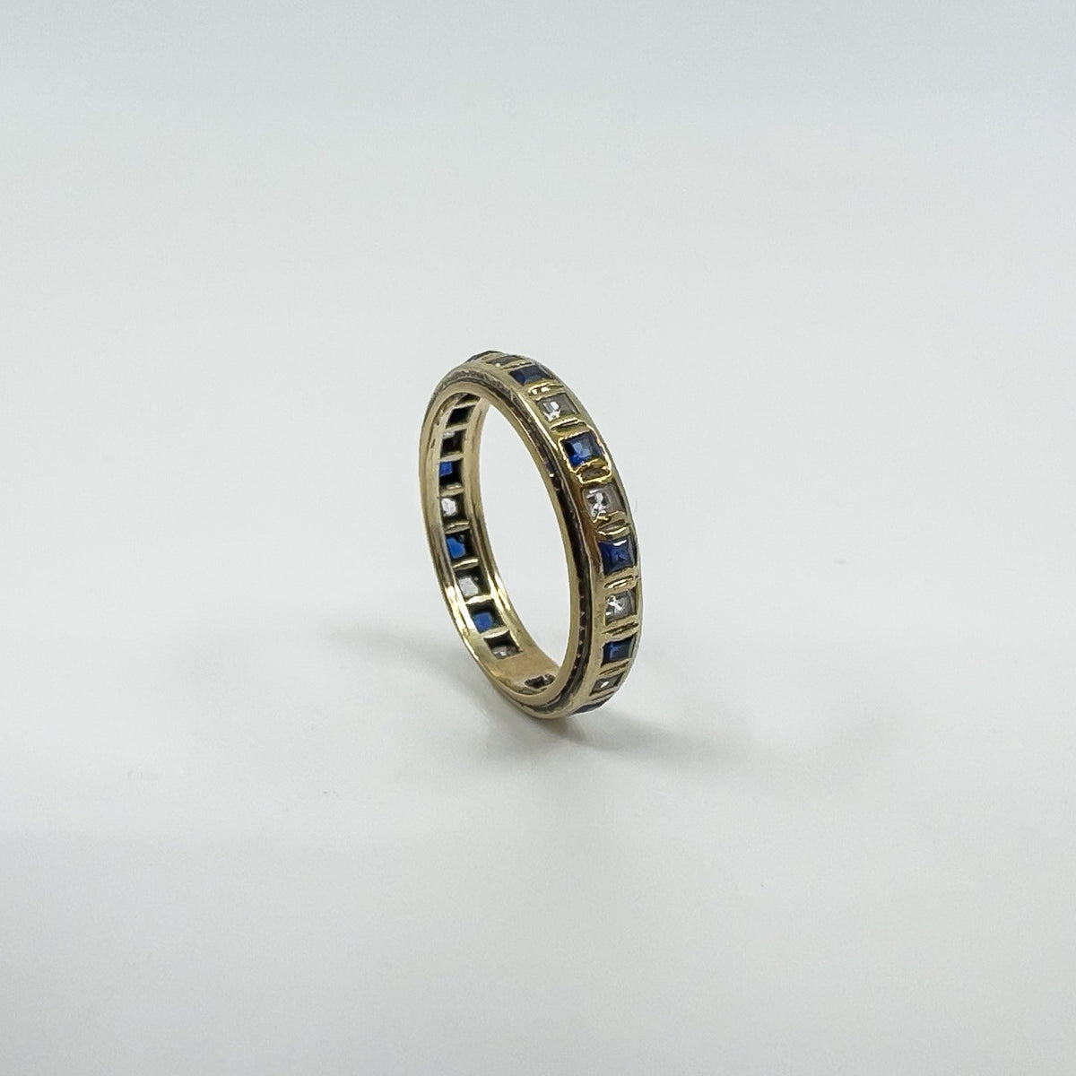 Vintage 9ct Gold Blue & White Spinel Full Eternity Band / Ring Size Q