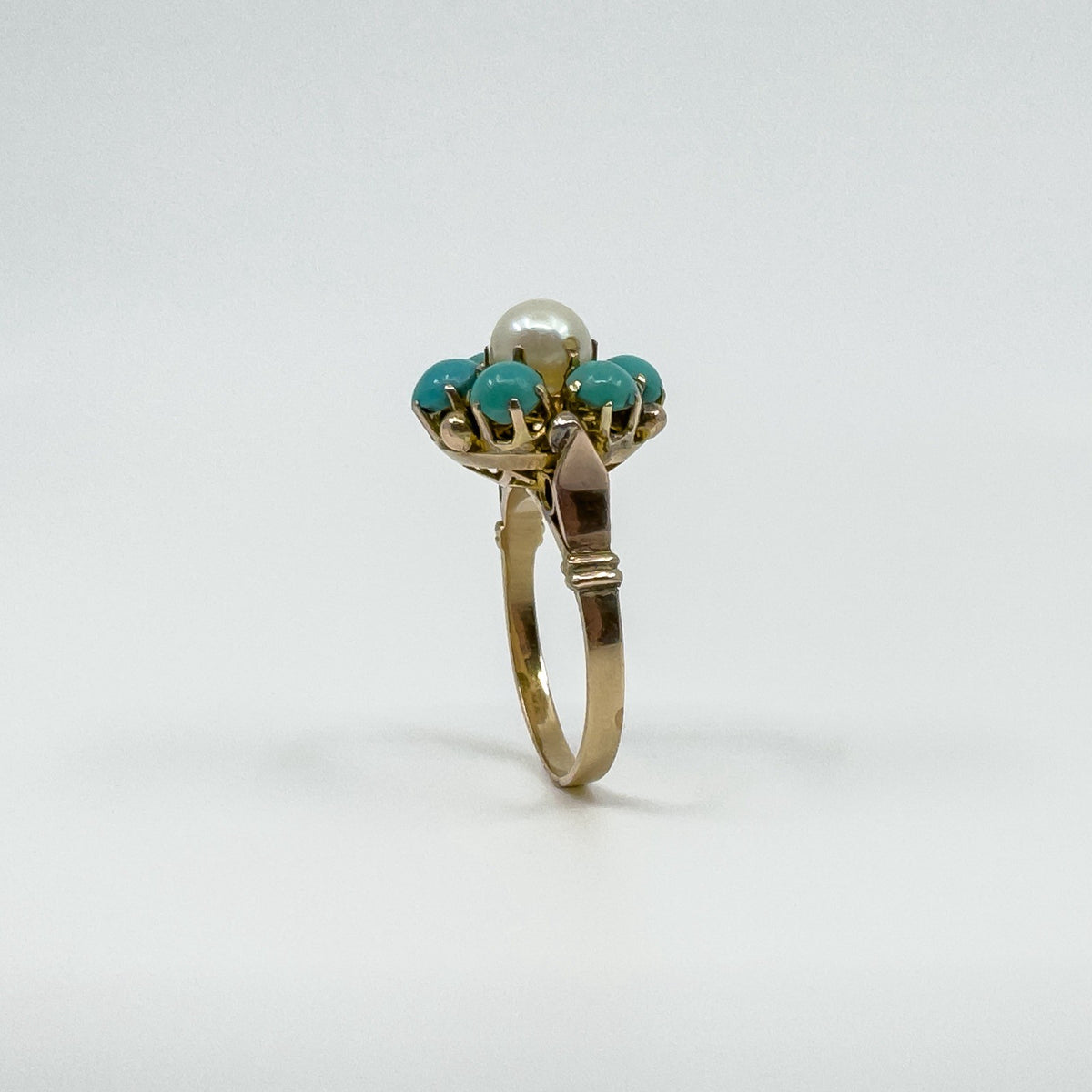 Antique 14ct Gold Pearl & Turquoise Ring Size L