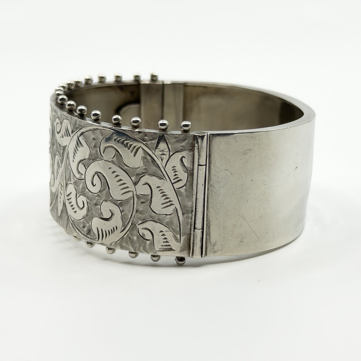 Wide Antique 1885 Victorian Sterling Silver & Gold Engraved Floral Bangle 925