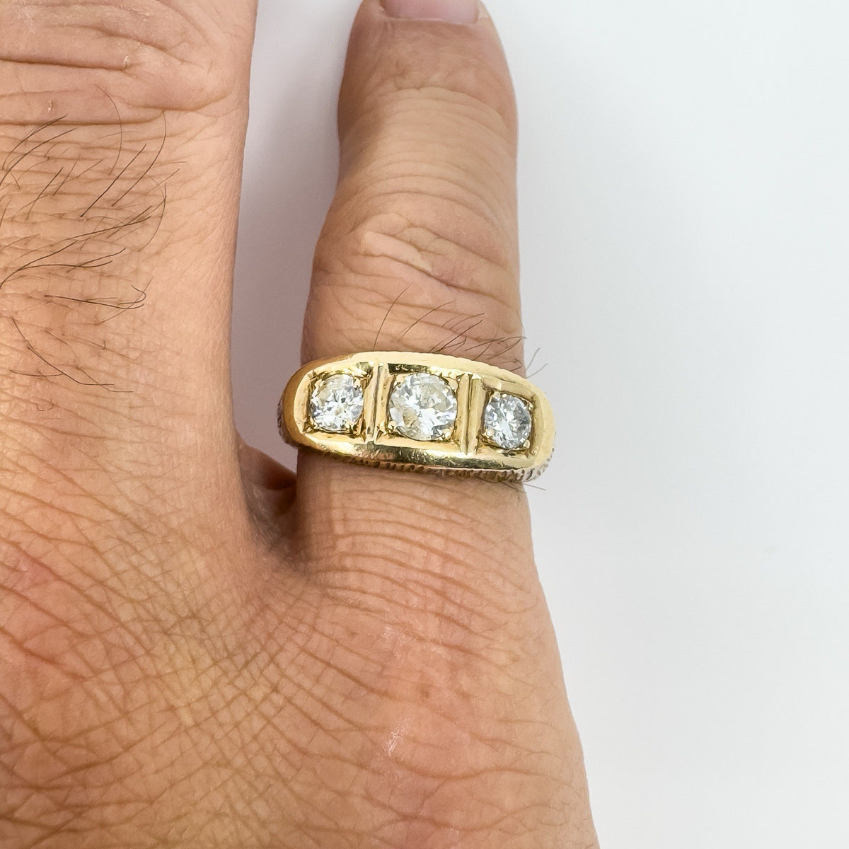 Chunky Vintage 9ct Gold 1.30ct Starburst Diamond Trilogy Ring Gypsy Band Size U
