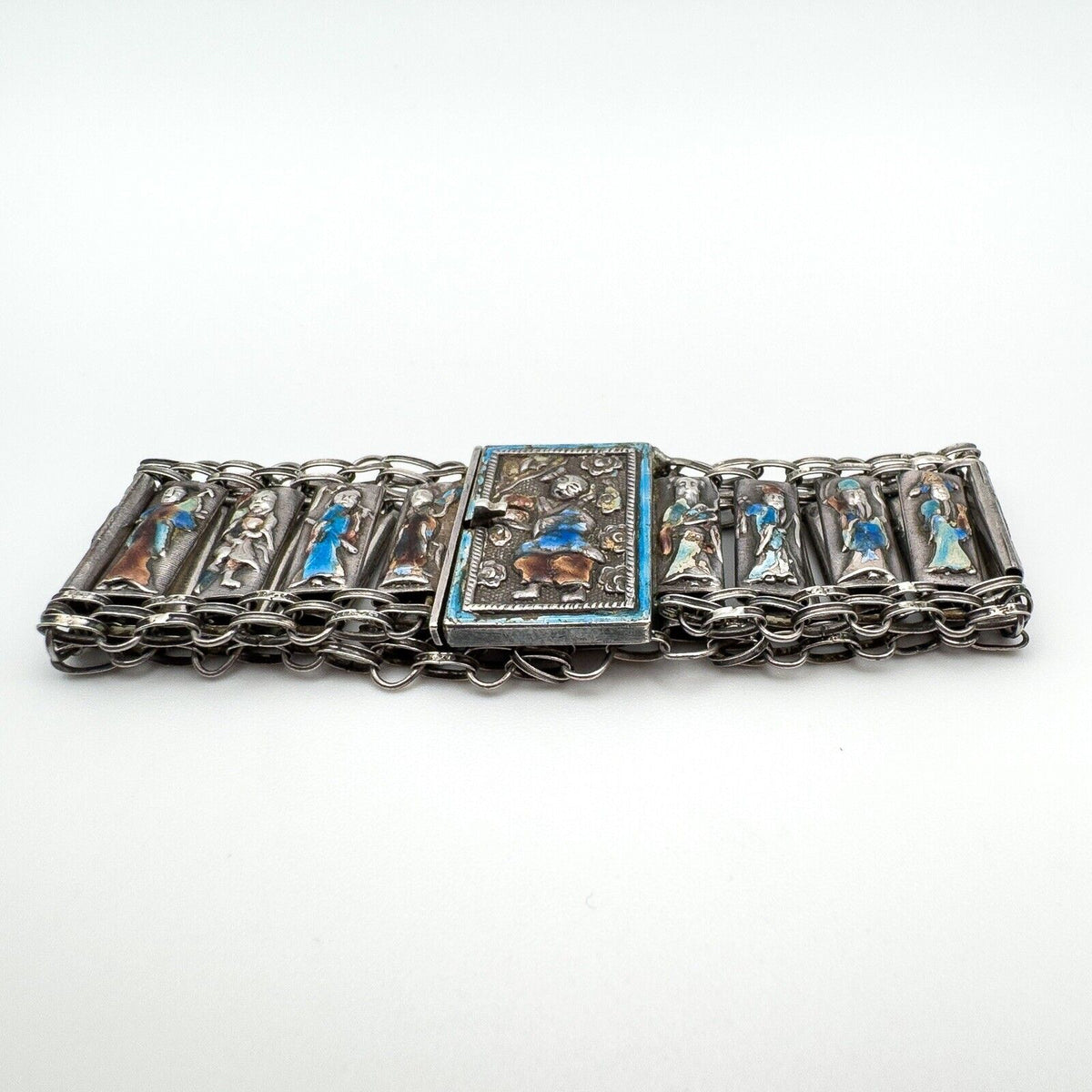 RARE Vintage Antique Silver Chinese People Enamelled Bracelet - 8x Immortals 16g