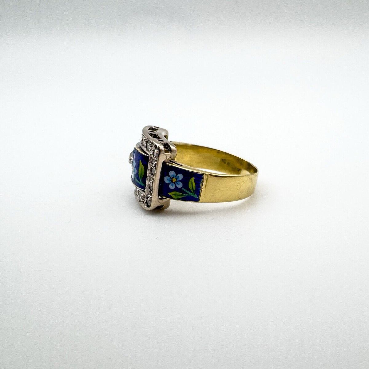 Unusual Vintage 18ct Gold Diamond & Floral Enamelled Buckle Ring Size M Heavy 6g