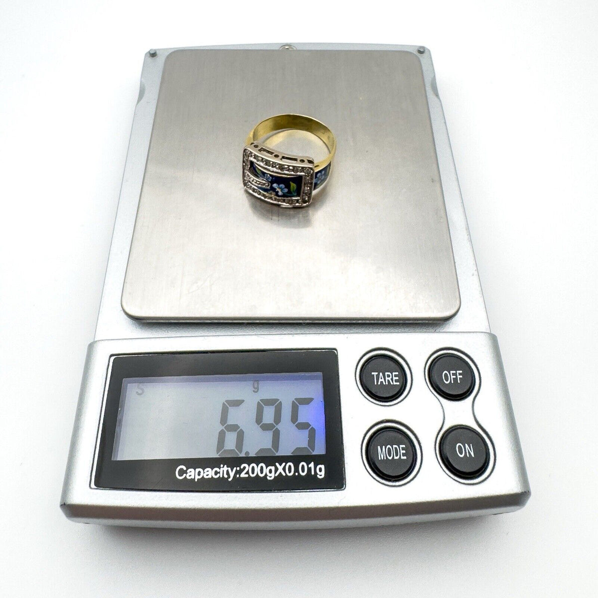 Unusual Vintage 18ct Gold Diamond & Floral Enamelled Buckle Ring Size M Heavy 6g