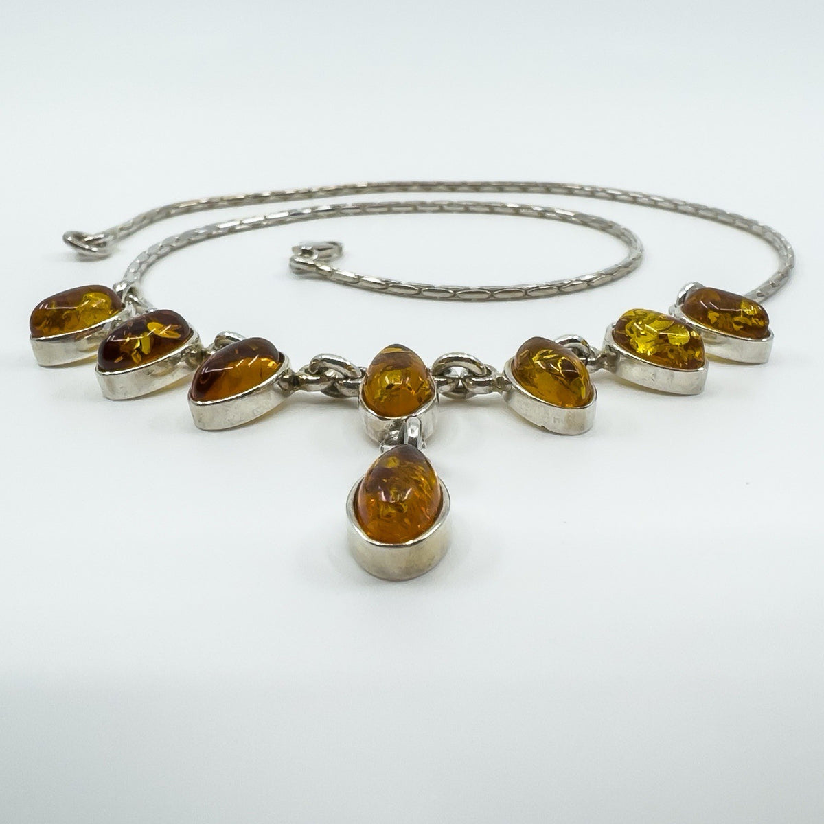 Vintage Sterling Silver Baltic Amber Fringed Drop 19” Necklace 925