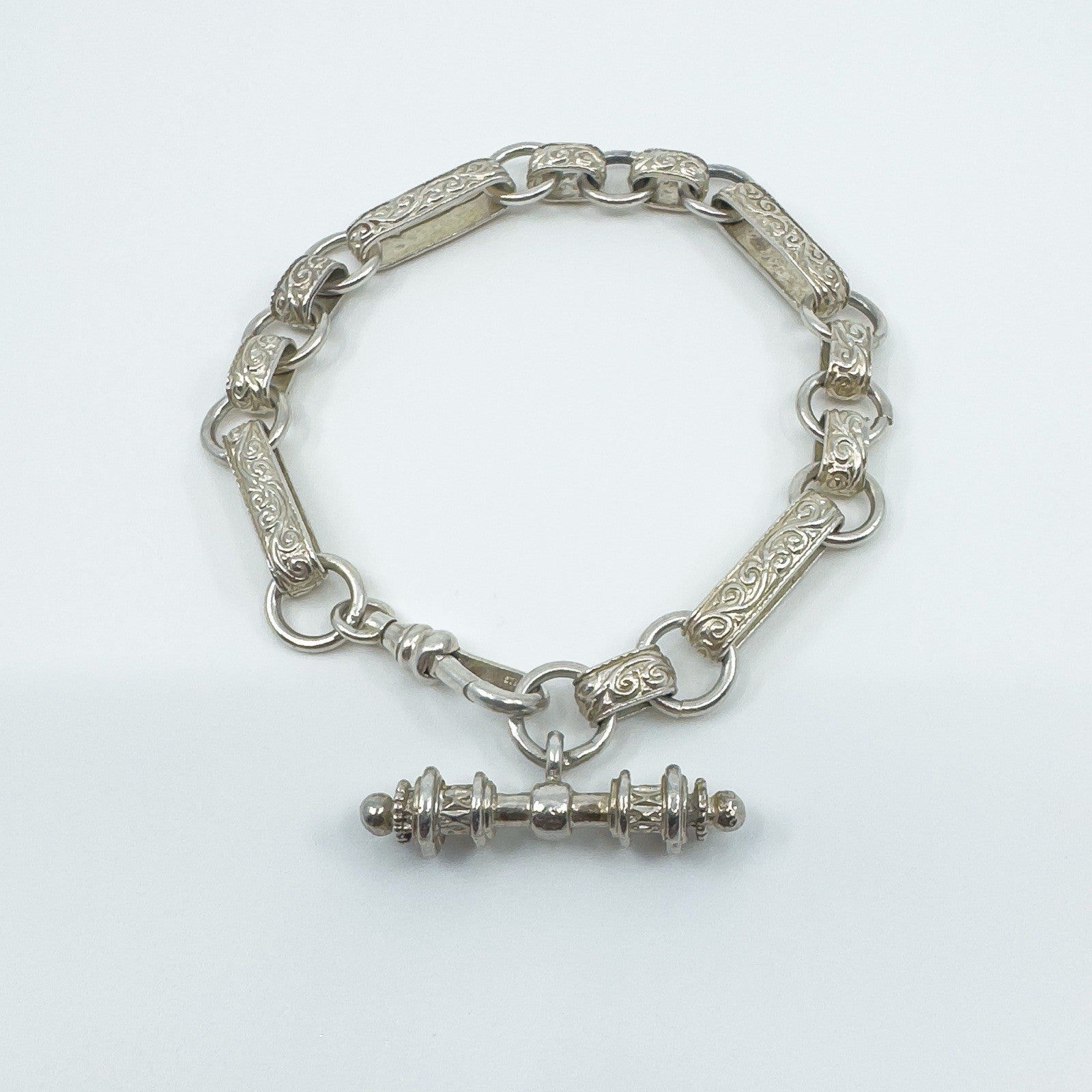 Vintage Sterling Silver Fancy Link Engraved T-Bar & Dog Clip 8” Bracelet 925 23g