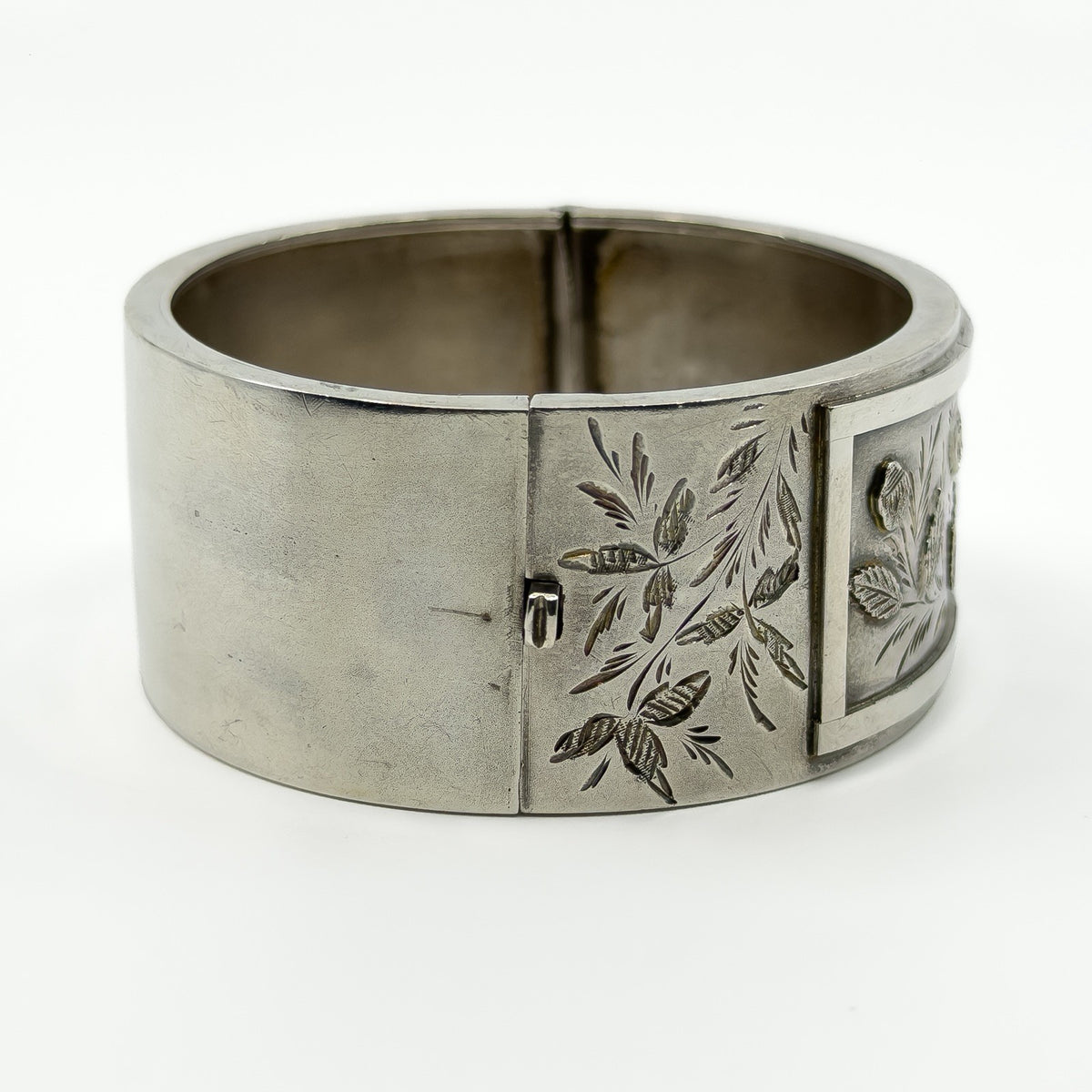 Wide Antique 1883 Victorian Sterling Silver Engraved Floral Bangle 925