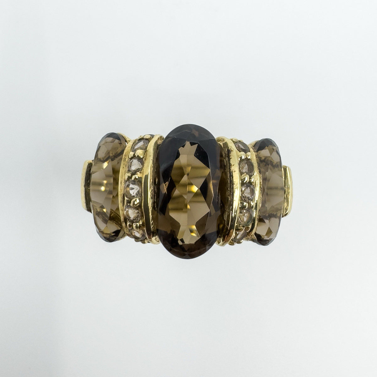 Huge Vintage 9ct Gold Chunky Smokey Quartz Trilogy Size T - U