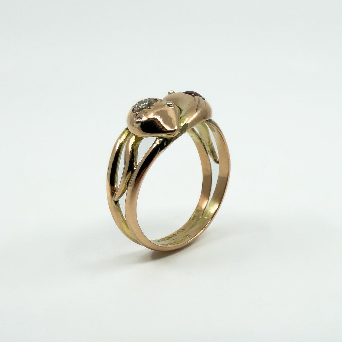 Antique 9ct Rose Gold Double Snake Diamond & Garnet Ring Size U (Chester 1909)