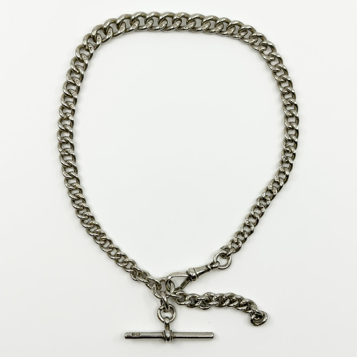 Antique 1899 Sterling Silver 14.5" Albert Curb Chain & T-Bar Pendant 925