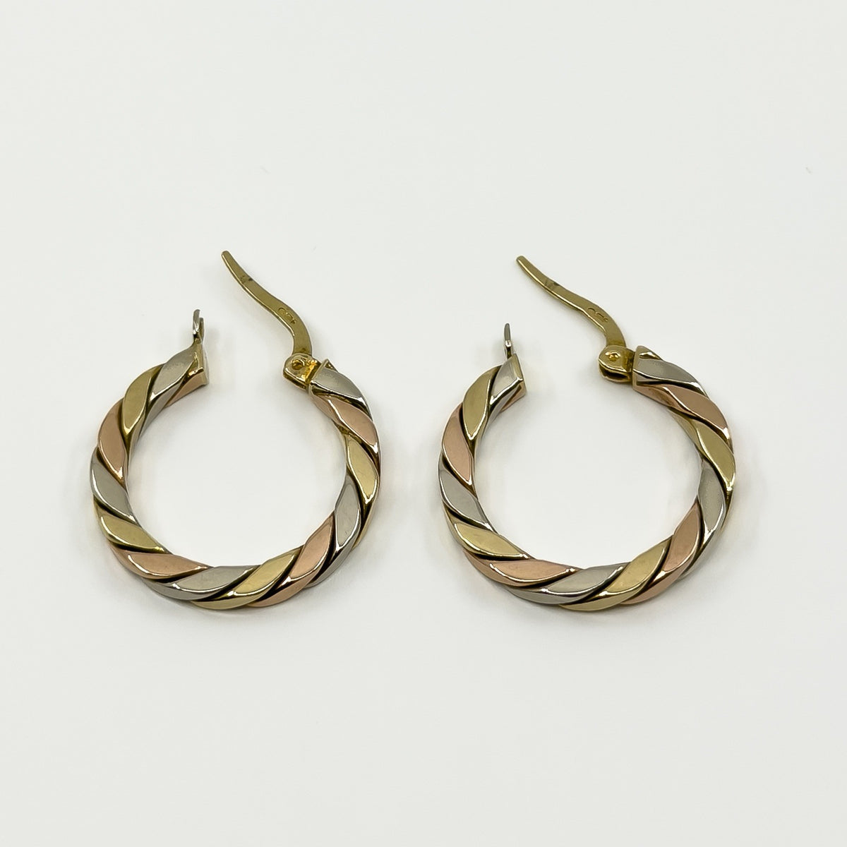 Chunky Vintage 9ct Gold Tri Coloured Twisted Hoop Earrings 375