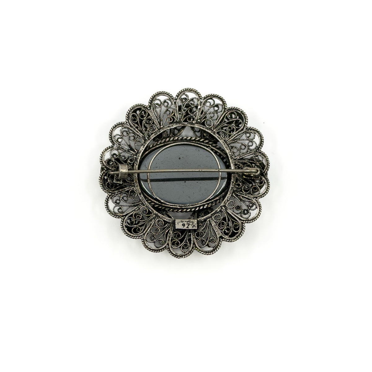 Large Vintage Sterling Silver Filigree Hematite Brooch 925