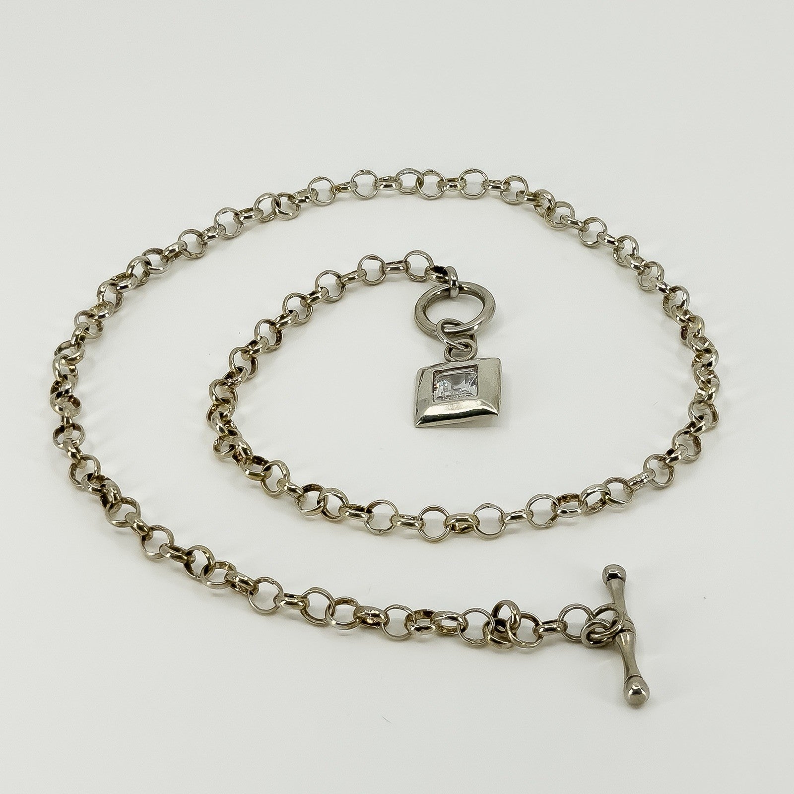 Vintage Sterling Silver 16.8” Rolo Chain & CZ T-Bar Toggle 925