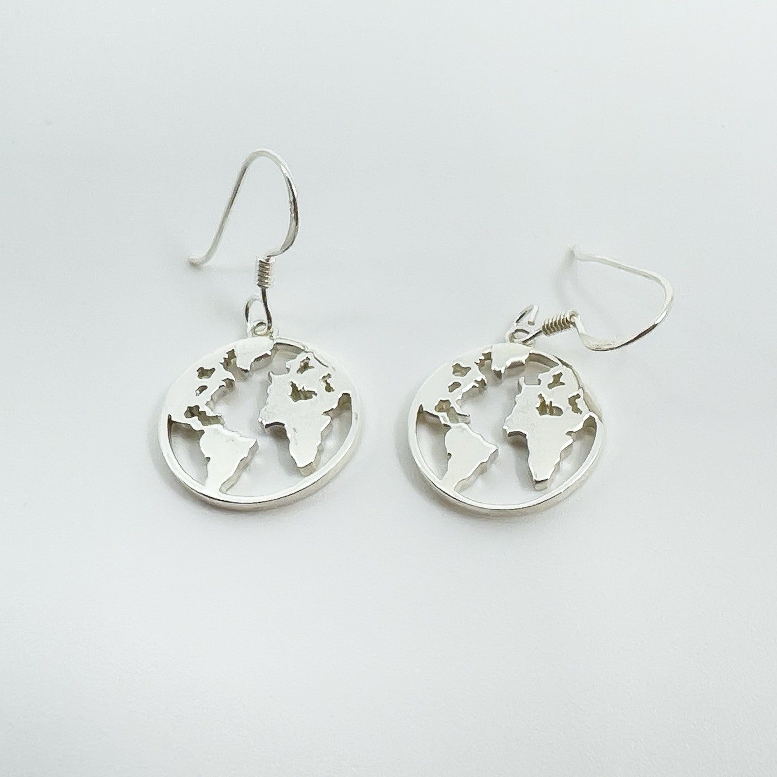 New World Map Earrings on Shepherd Hooks in Sterling Silver 925