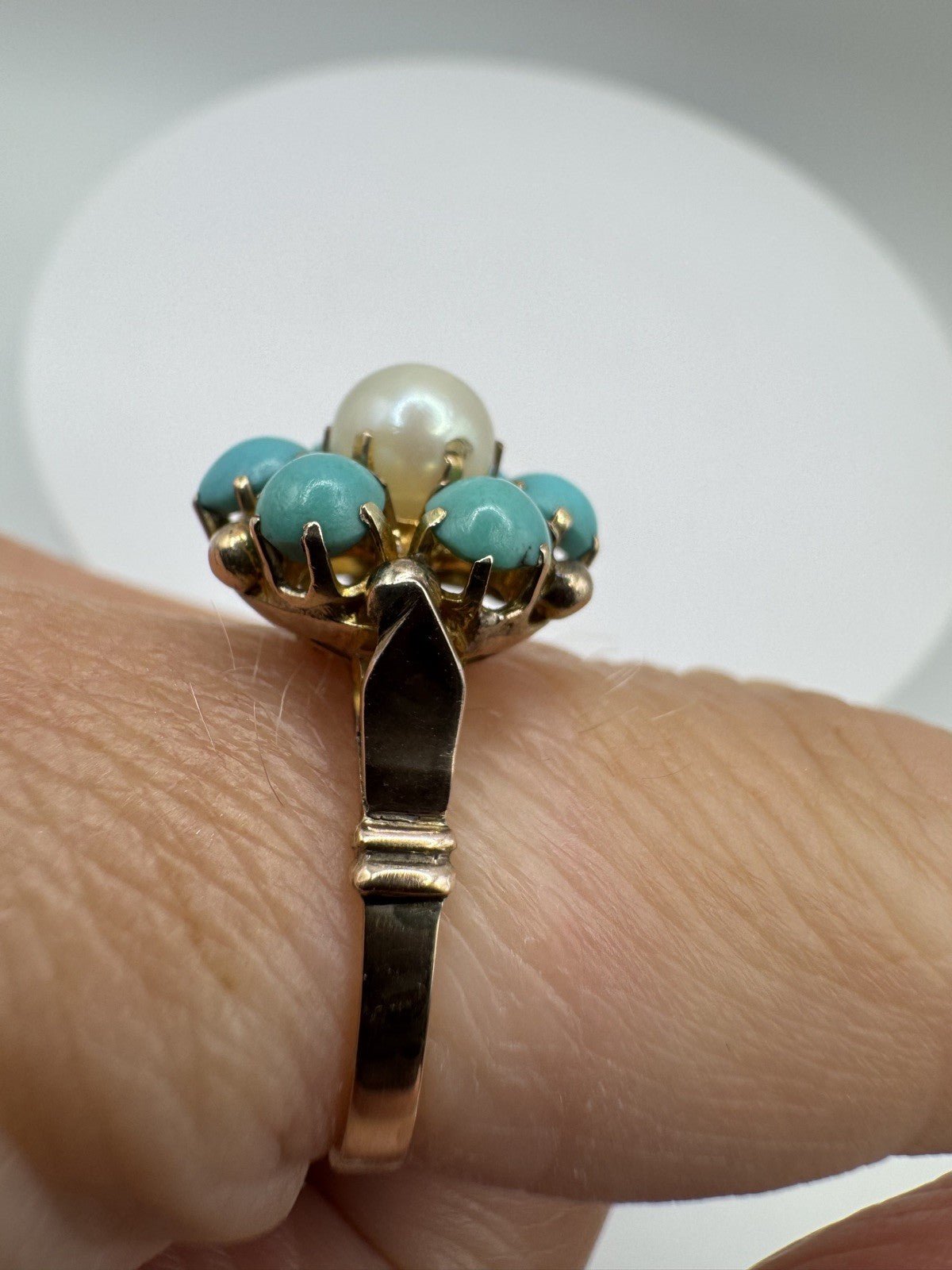 Antique 14ct Gold Pearl & Turquoise Ring Size L