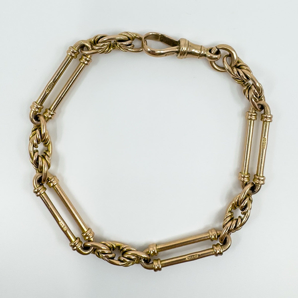 Antique 9ct Rose Gold Fancy Trombone & Fetter Links Bracelet & Dog Clip 375 18g
