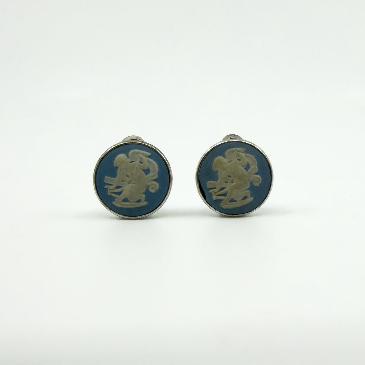Vintage Sterling Silver Jasper Ware Blue Cameo Clip on Earrings 925