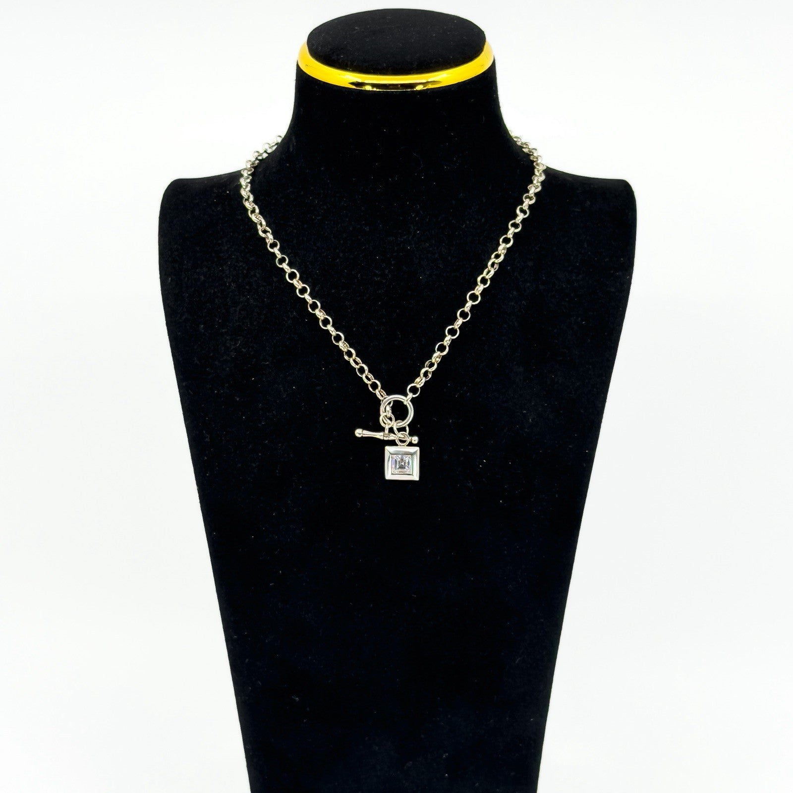 Vintage Sterling Silver 16.8” Rolo Chain & CZ T-Bar Toggle 925