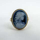 Vintage 9ct Gold Blue Agate Carved Cameo Ring Size Q 1/2