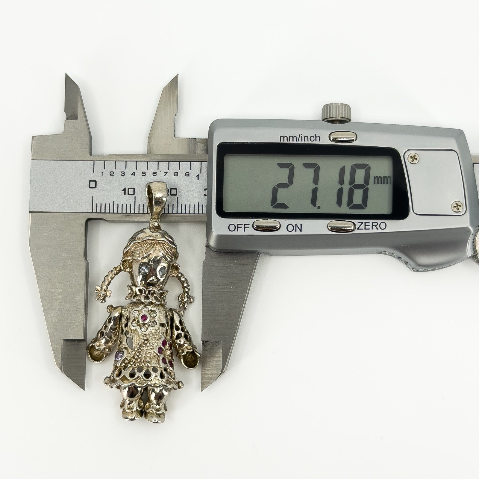 Large Chunky Sterling Silver Vintage Articulated Rag Doll Gem Set Pendant 925