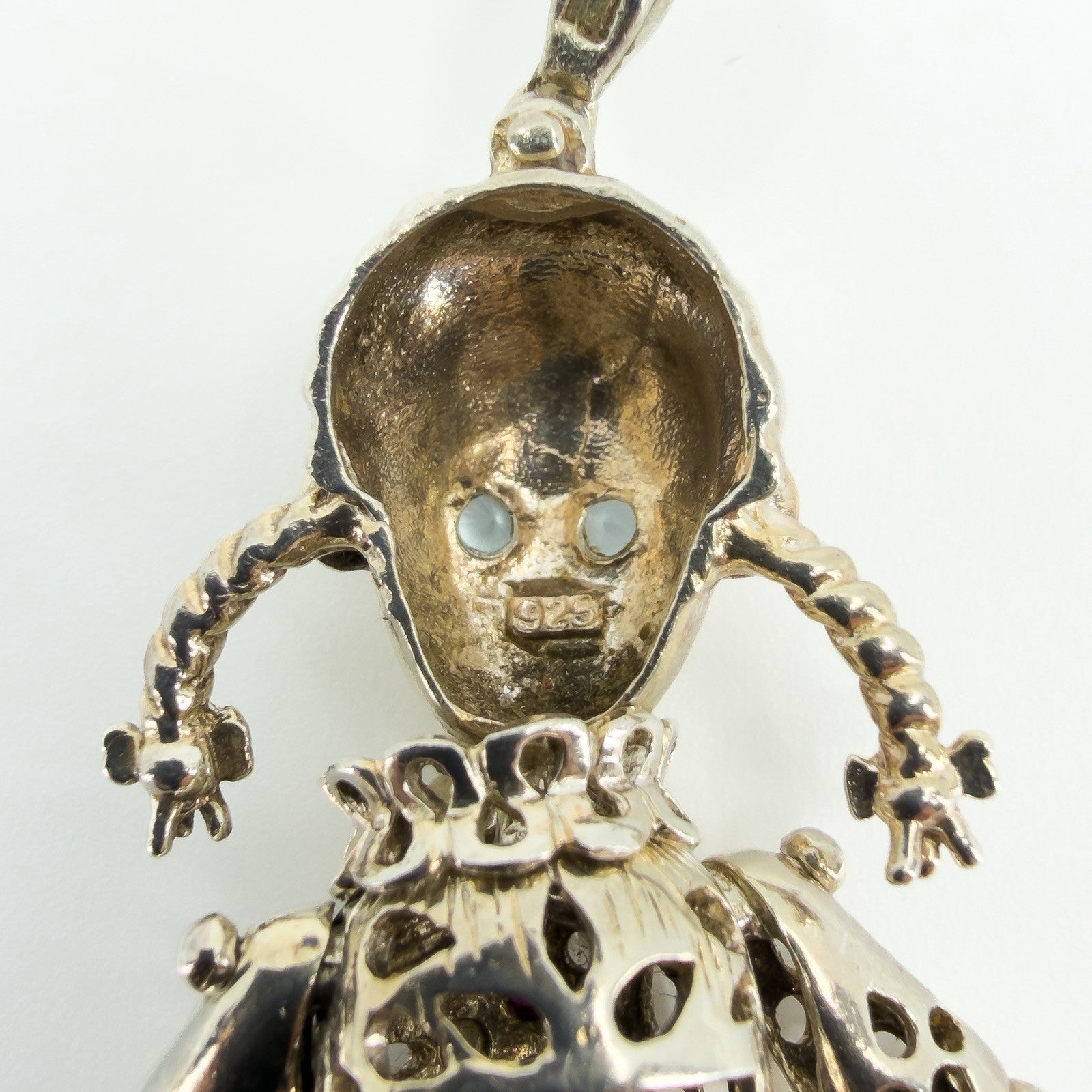 Large Chunky Sterling Silver Vintage Articulated Rag Doll Gem Set Pendant 925