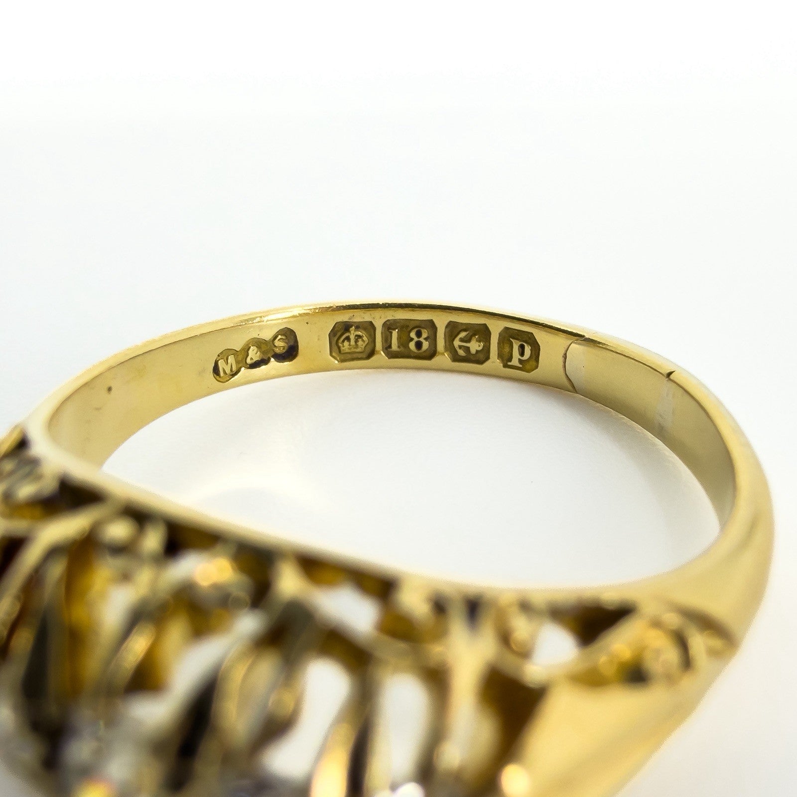 Antique 18ct Gold 0.32ct Diamond Boat Ring 750 Size N (Birm 1914)