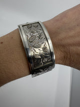 Wide Antique 1883 Victorian Sterling Silver Engraved Floral Bangle 925