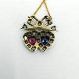 18ct Gold Ruby Sapphire & Diamond Double Sweetheart Bow Pendant & Necklace 750