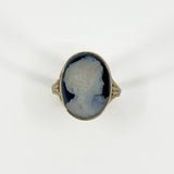 Vintage 9ct Gold Chunky Carved Blue Agate Cameo Locket Ring 375 Size S - T