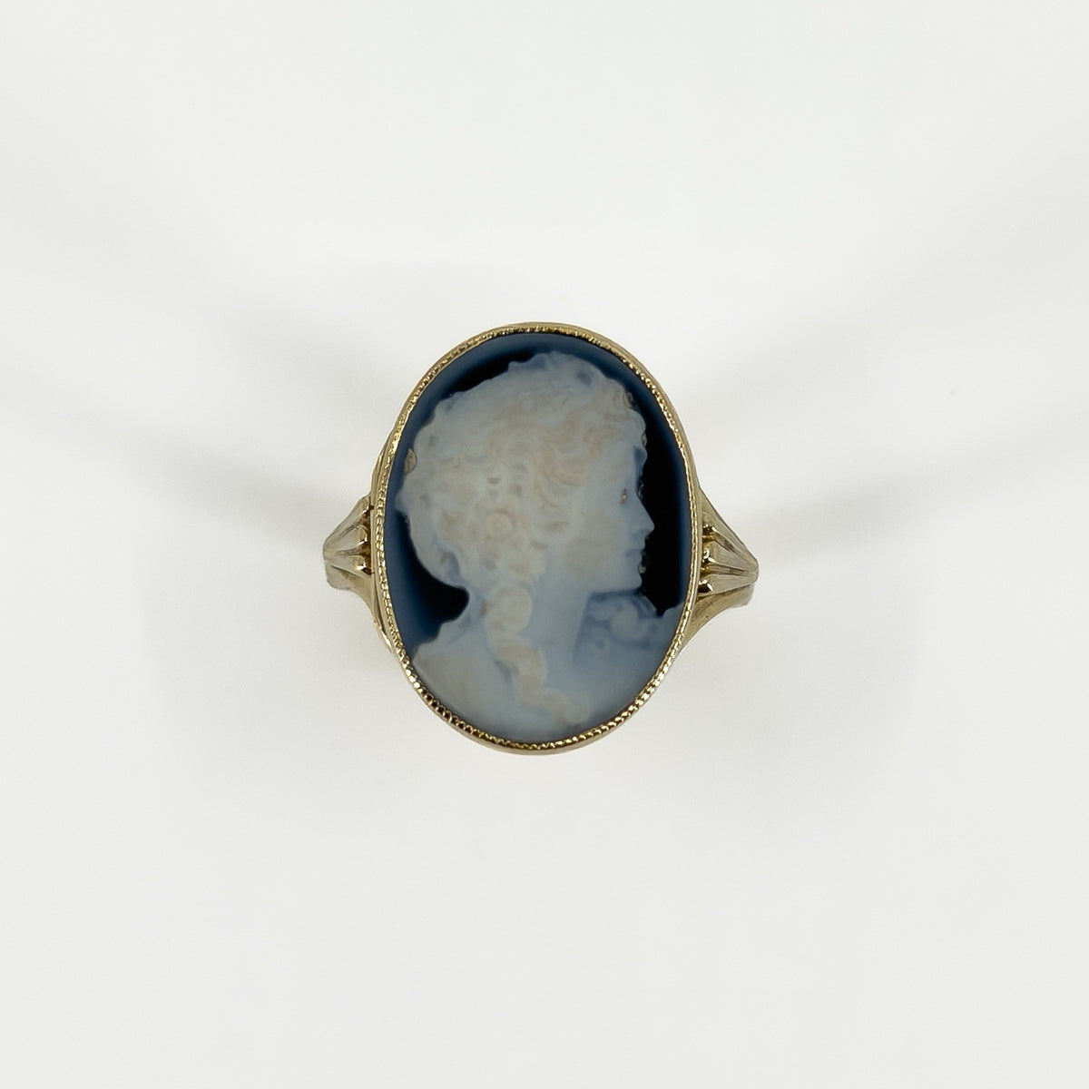 Vintage 9ct Gold Chunky Carved Blue Agate Cameo Locket Ring 375 Size S - T