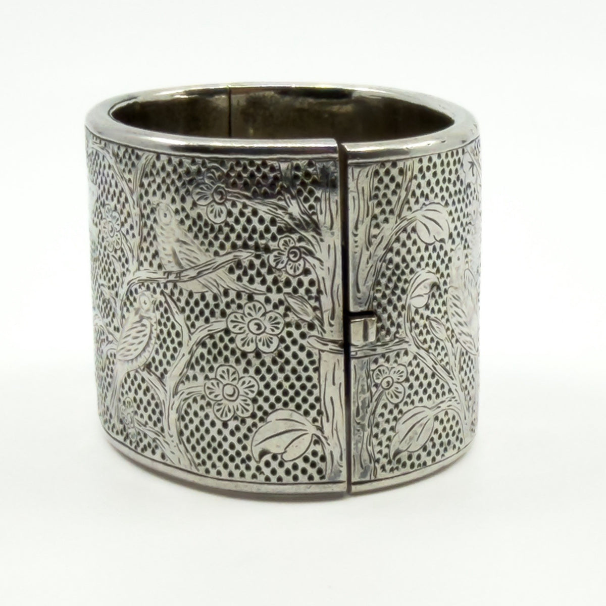 Wide Antique Victorian Sterling Silver Engraved Floral Bangle 925