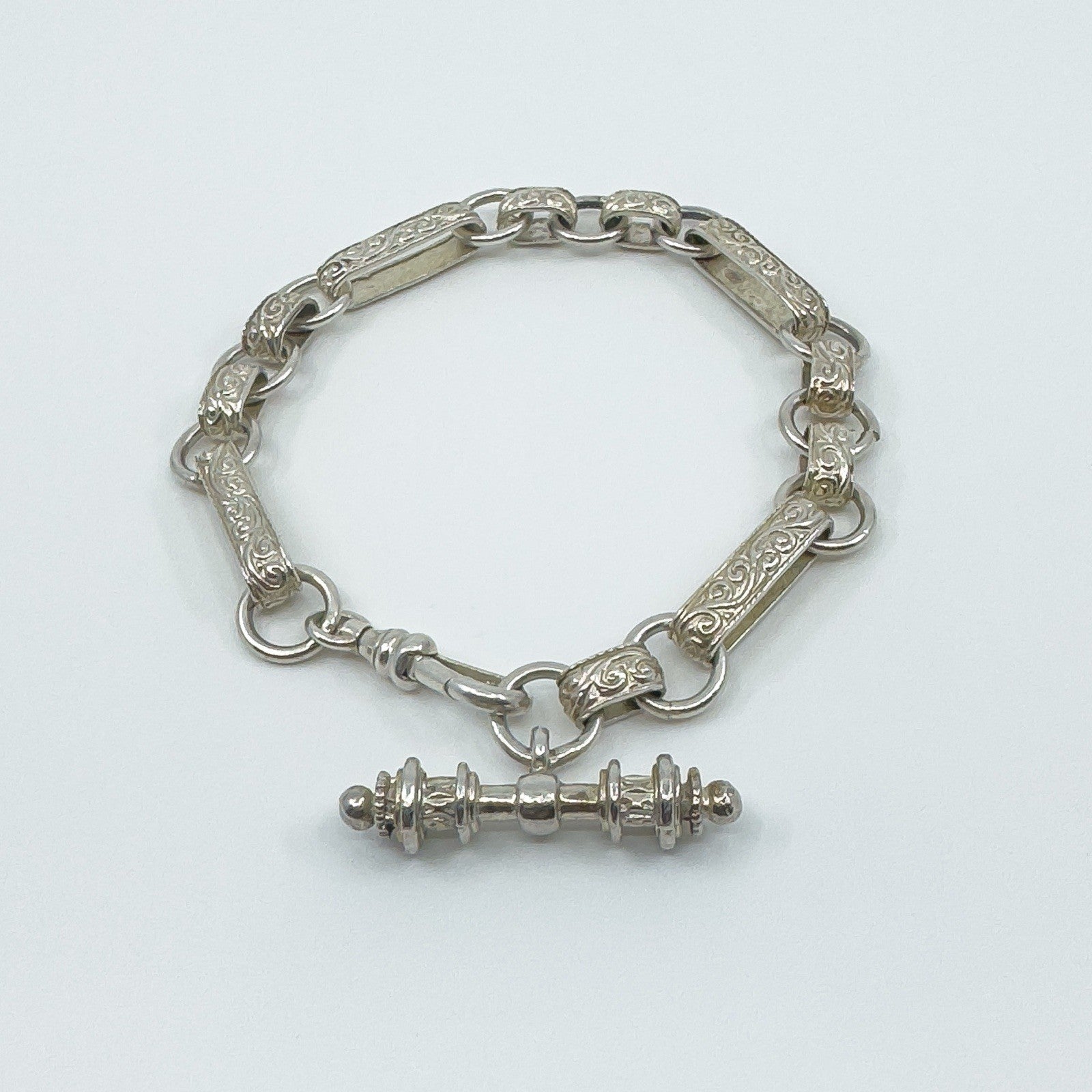 Vintage Sterling Silver Fancy Link Engraved T-Bar & Dog Clip 8” Bracelet 925 23g