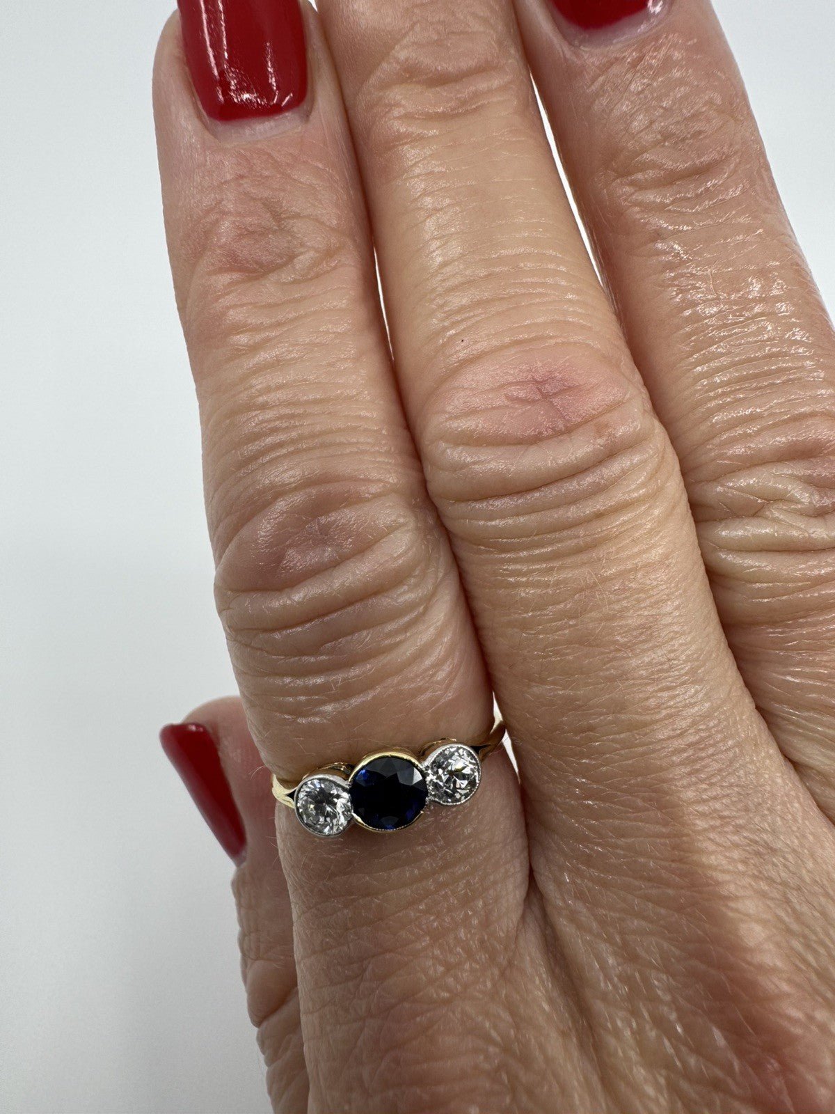 Vintage 18ct Gold 1.10ct Diamond & Sapphire Trilogy Ring 750 Size P