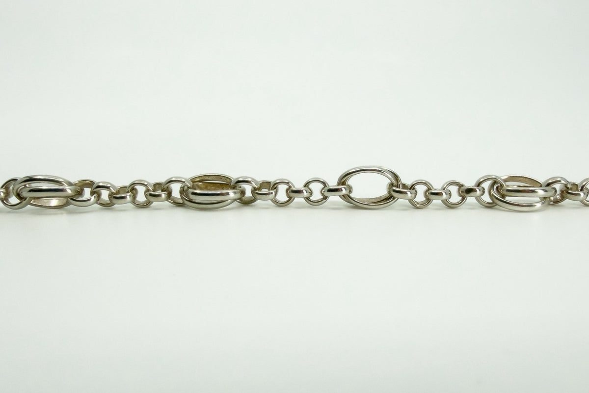 Vintage Sterling Silver Rolo & Oval Links Toggle Charm Bracelet 925