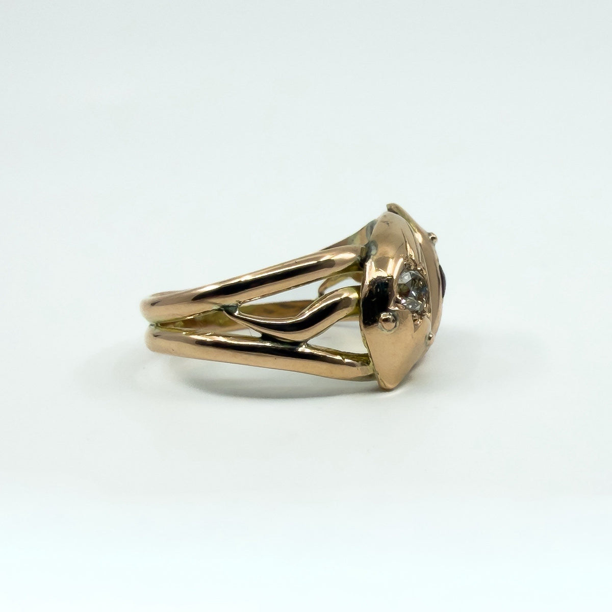 Antique 9ct Rose Gold Double Snake Diamond & Garnet Ring Size U (Chester 1909)