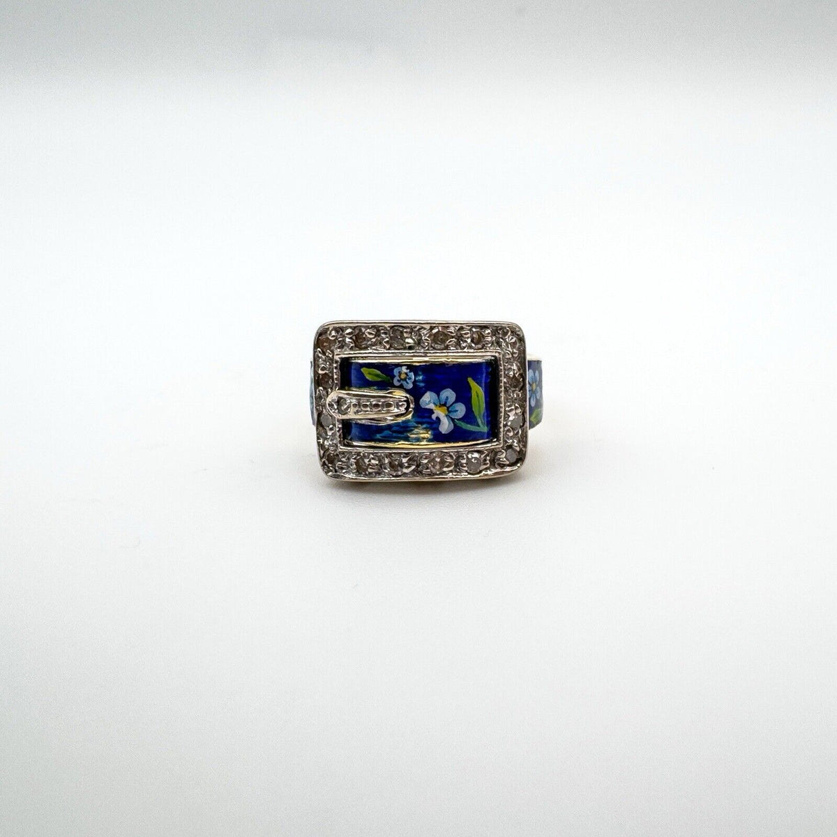 Unusual Vintage 18ct Gold Diamond & Floral Enamelled Buckle Ring Size M Heavy 6g