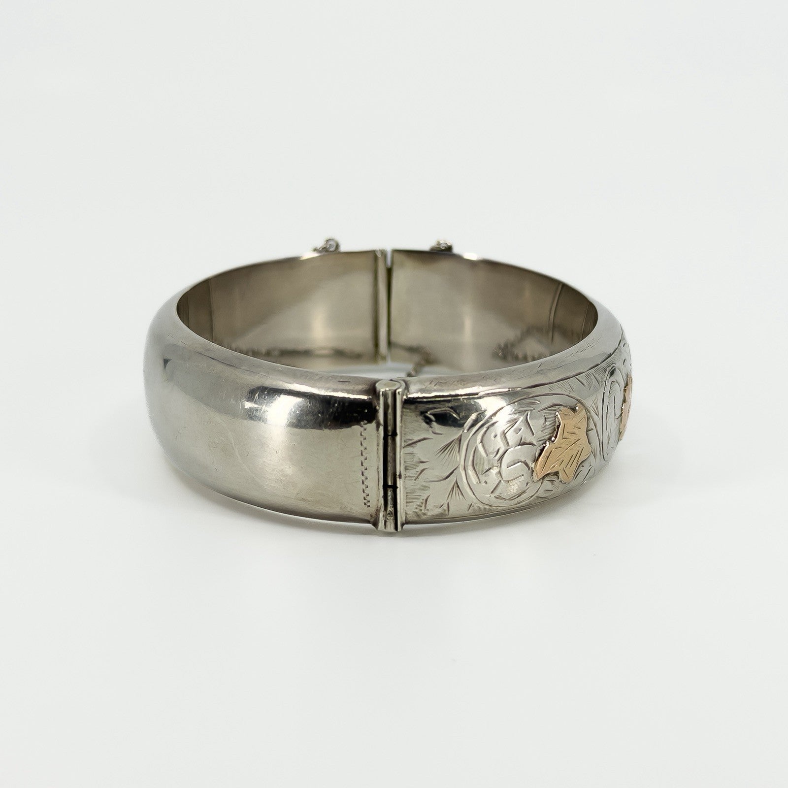 Chunky Vintage Sterling Silver & Rose Gold Engraved Floral Bangle 925 Birm 1959