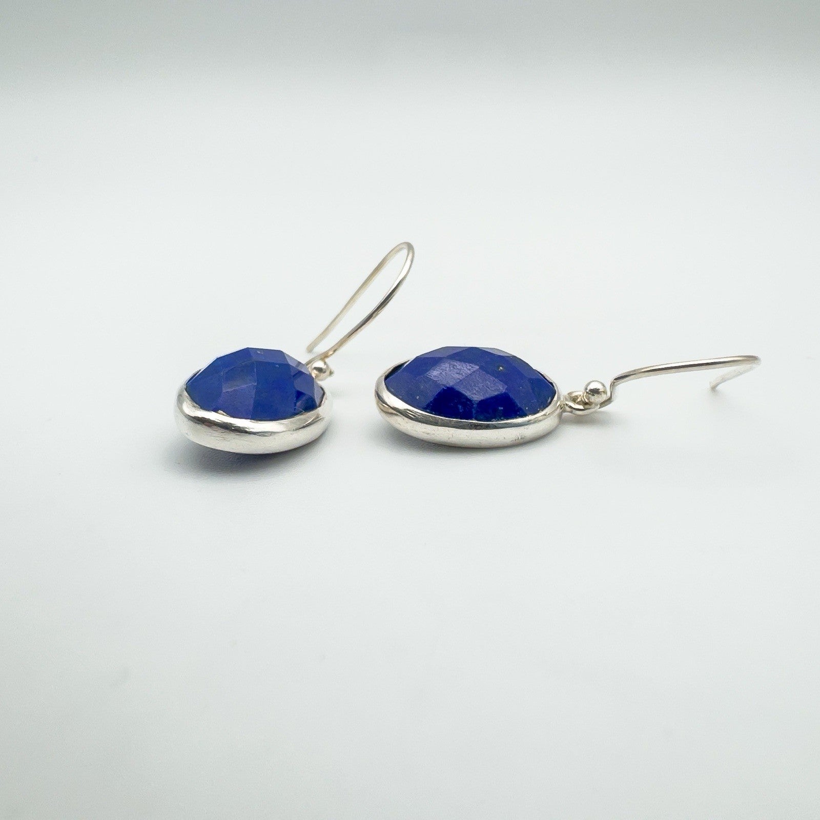 Chunky Lapis Lazuli Oval Drop Earrings on Shepherd Hooks in Sterling Silver 925