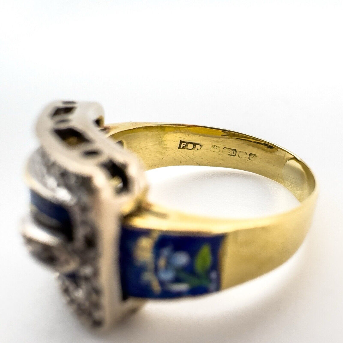 Unusual Vintage 18ct Gold Diamond & Floral Enamelled Buckle Ring Size M Heavy 6g
