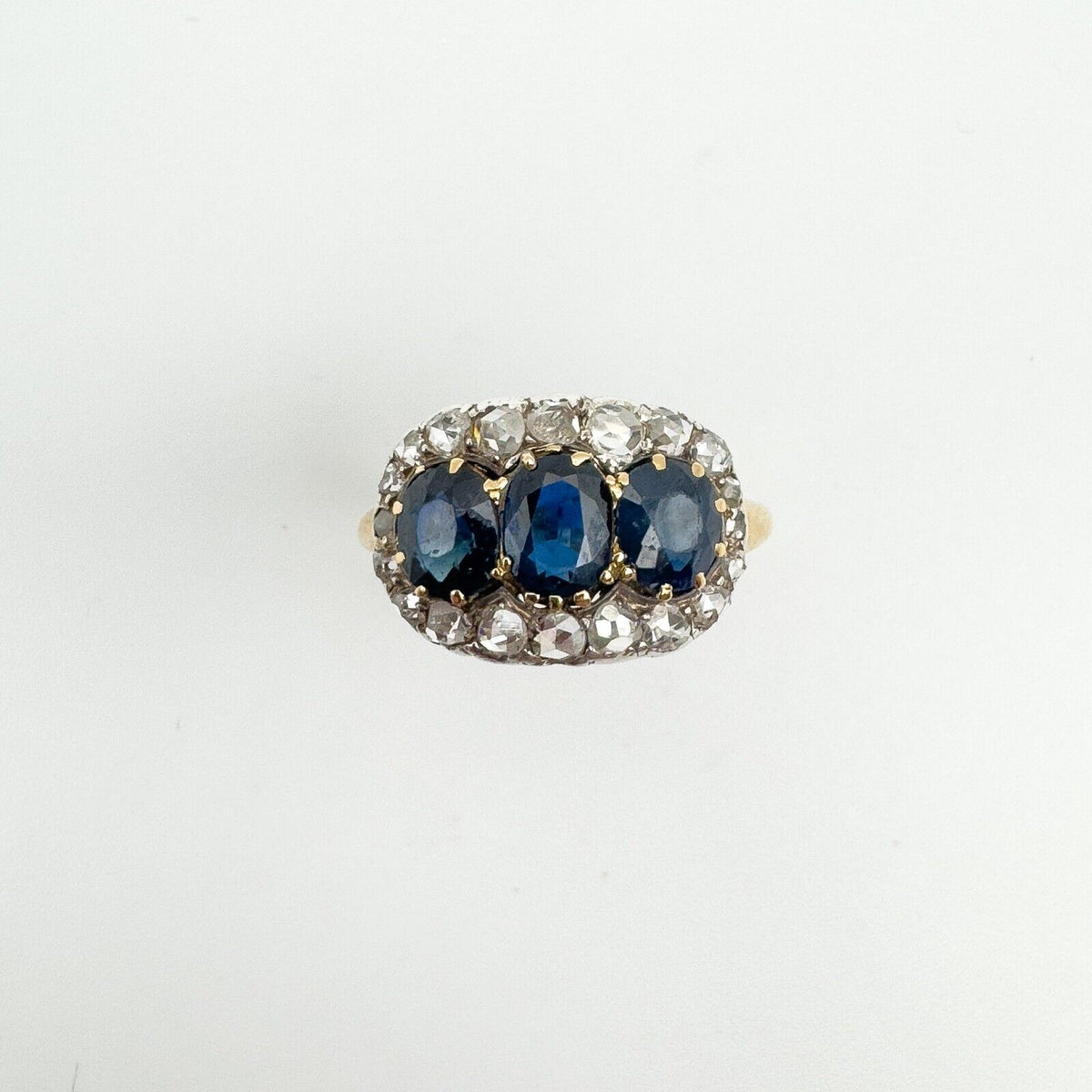 Antique 18ct Gold1.80ct Trilogy Sapphire & Rose Cut Diamond Ring Size R - S