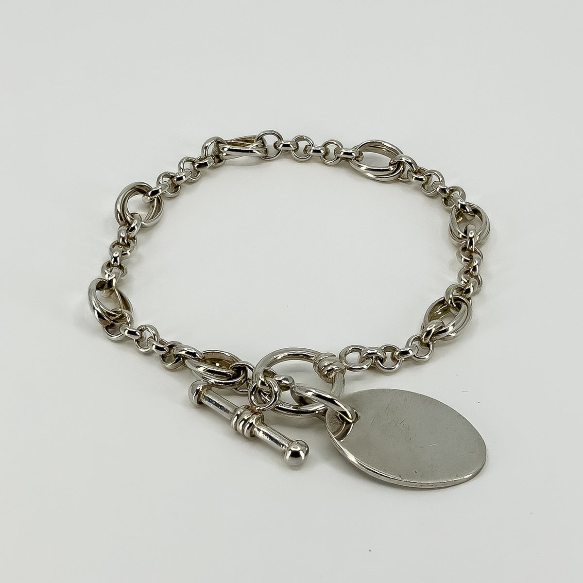 Vintage Sterling Silver Rolo & Oval Links Toggle Charm Bracelet 925