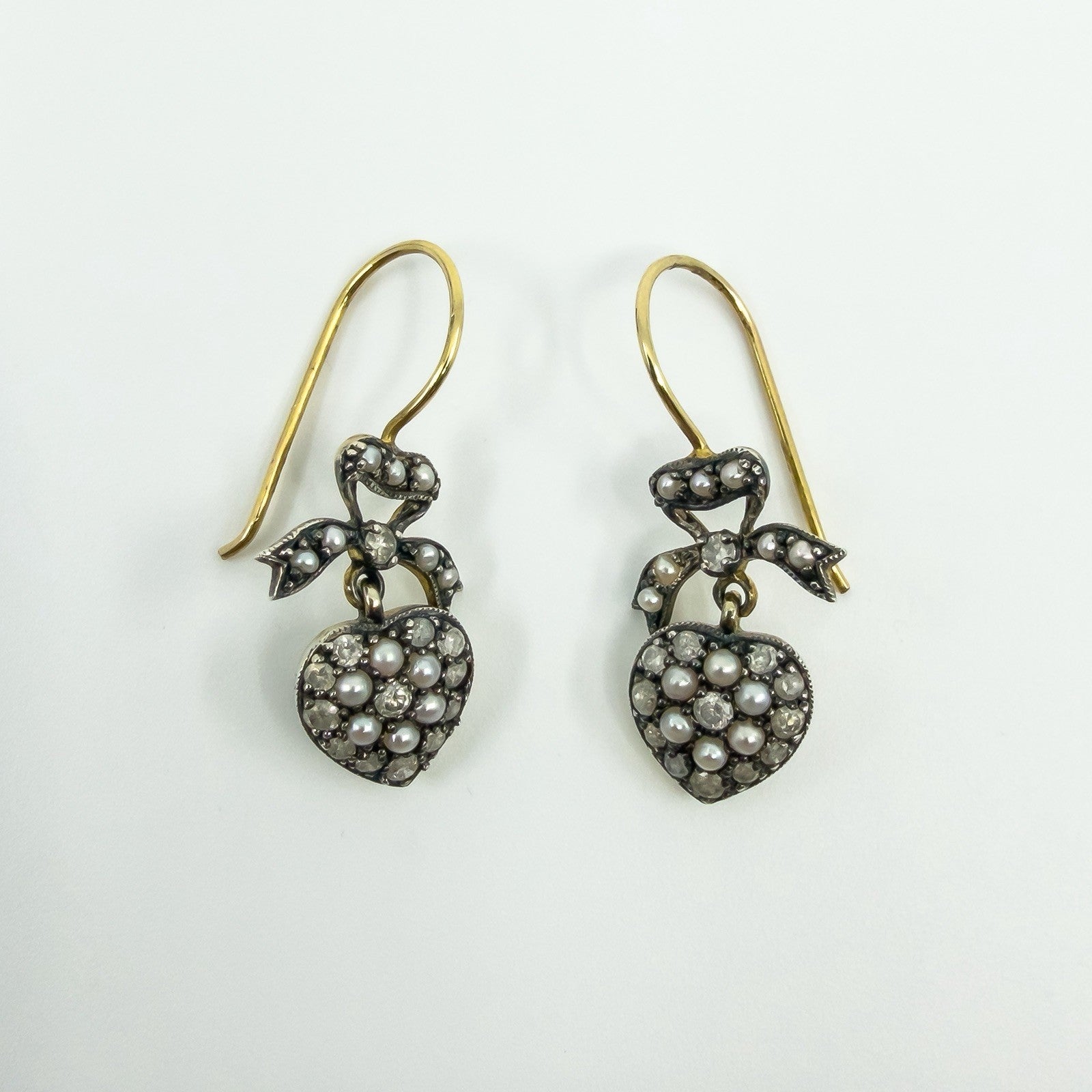 Silver Gilt Diamond & Pearl Puffy Heart Drop Bow Earrings 925