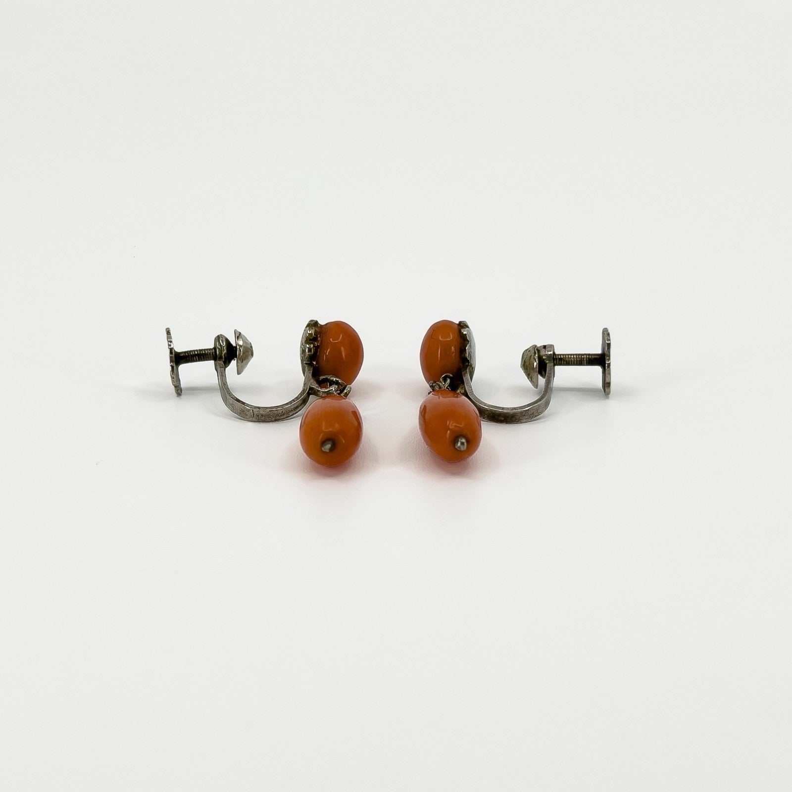 Antique Victorian Sterling Silver Natural Coral Screw Back Earrings 925