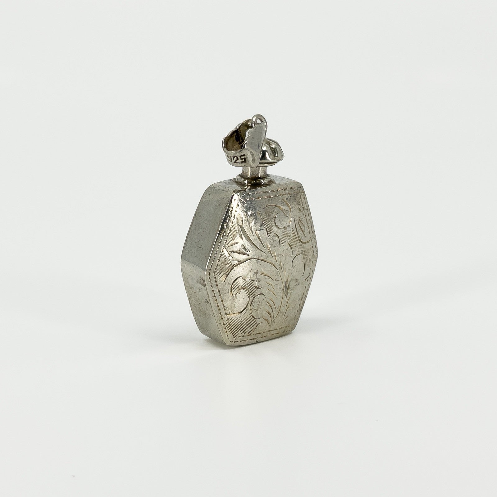 Chunky Sterling Silver Vintage Engraved Perfume / Poison Bottle Pendant 925