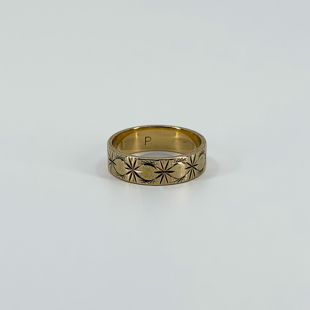 Vintage 9ct Gold Celestial Starry Engraved Full Band Ring 375 Size O (1977)