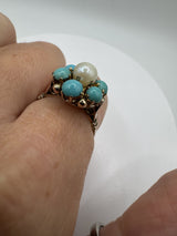 Antique 14ct Gold Pearl & Turquoise Ring Size L