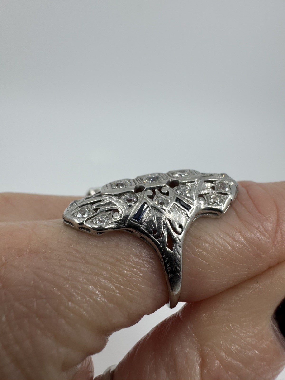 Antique / Art Deco Platinum Diamond & Sapphire Trilogy Navette Ring Size M