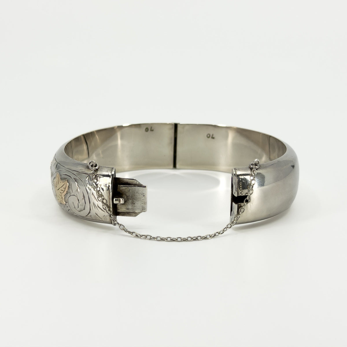 Chunky Vintage Sterling Silver & Rose Gold Engraved Floral Bangle 925 Birm 1959